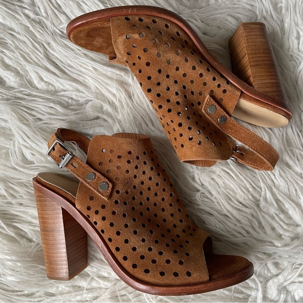 Rag & Bone Tan Peep Toe Wyatt Perforated Suede Heeled Sandal EUC Size 38 - Picture 4 of 12